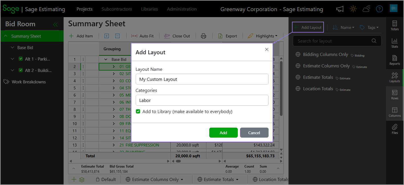 Selecting Add Layout opens a dialog where you enter details for a custom layout.