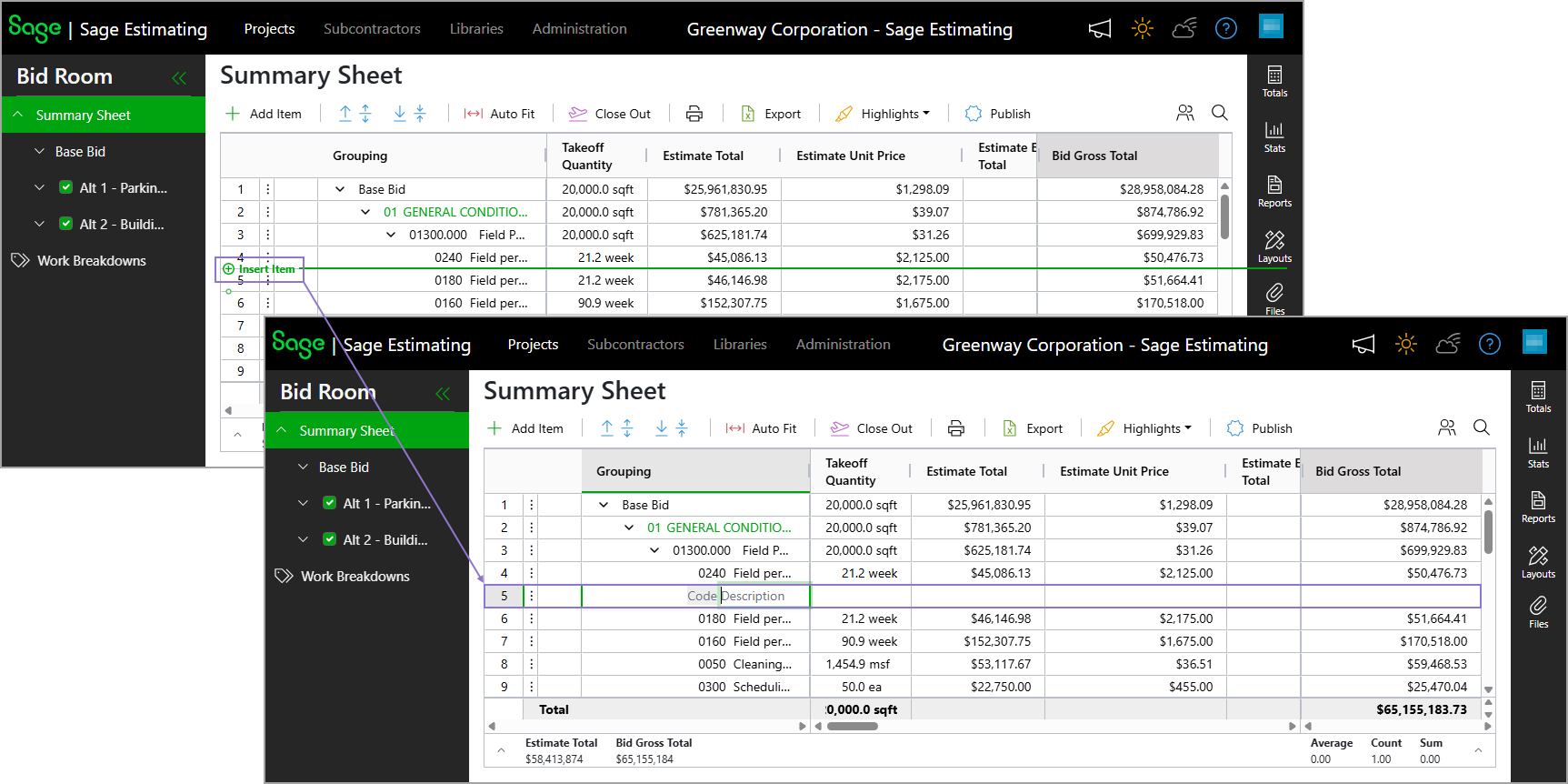 Selecting Insert row adds a new row to the table.