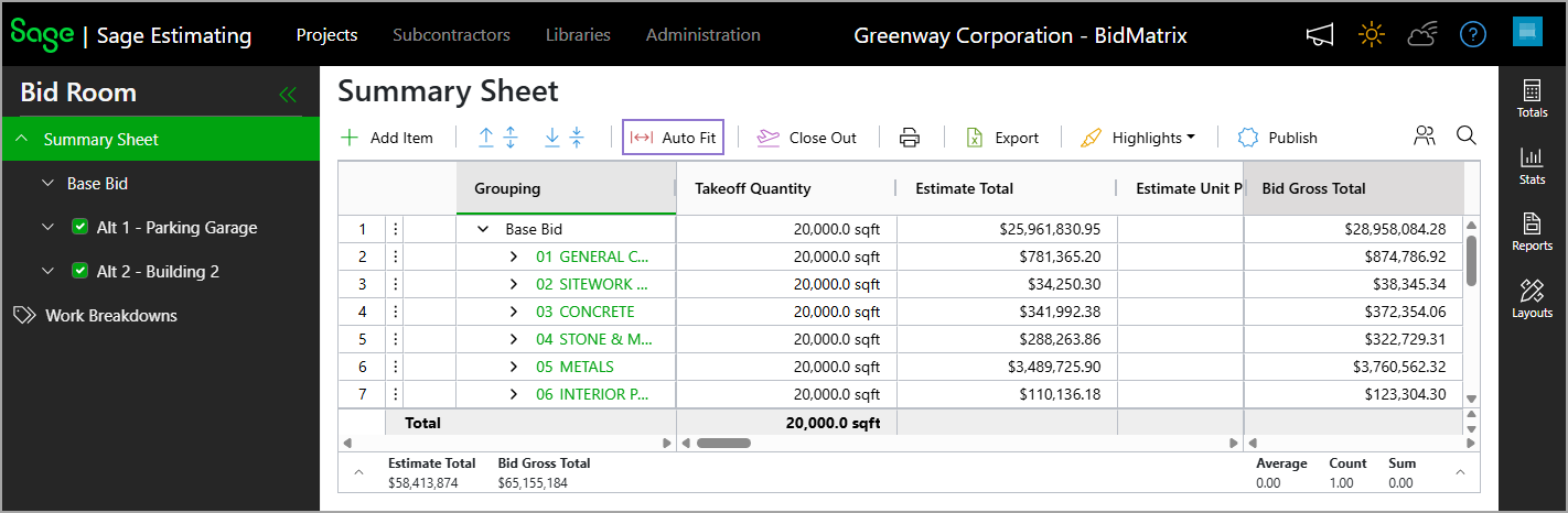 The Auto Fit option on the Summary Sheet toolbar.