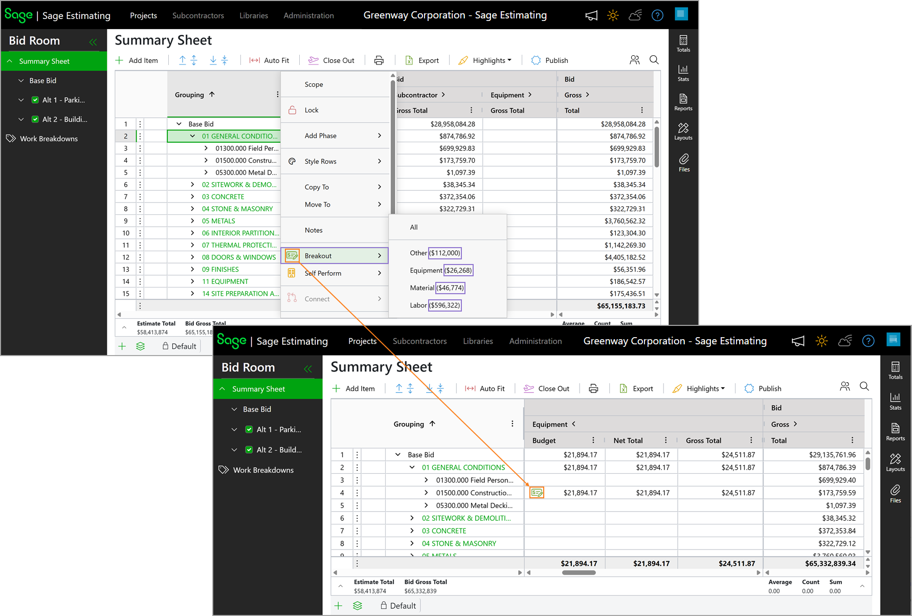 Context menu with the Breakout option selected at the bid package level.