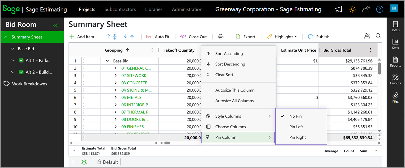 The Pin Column option in the column header context menu.