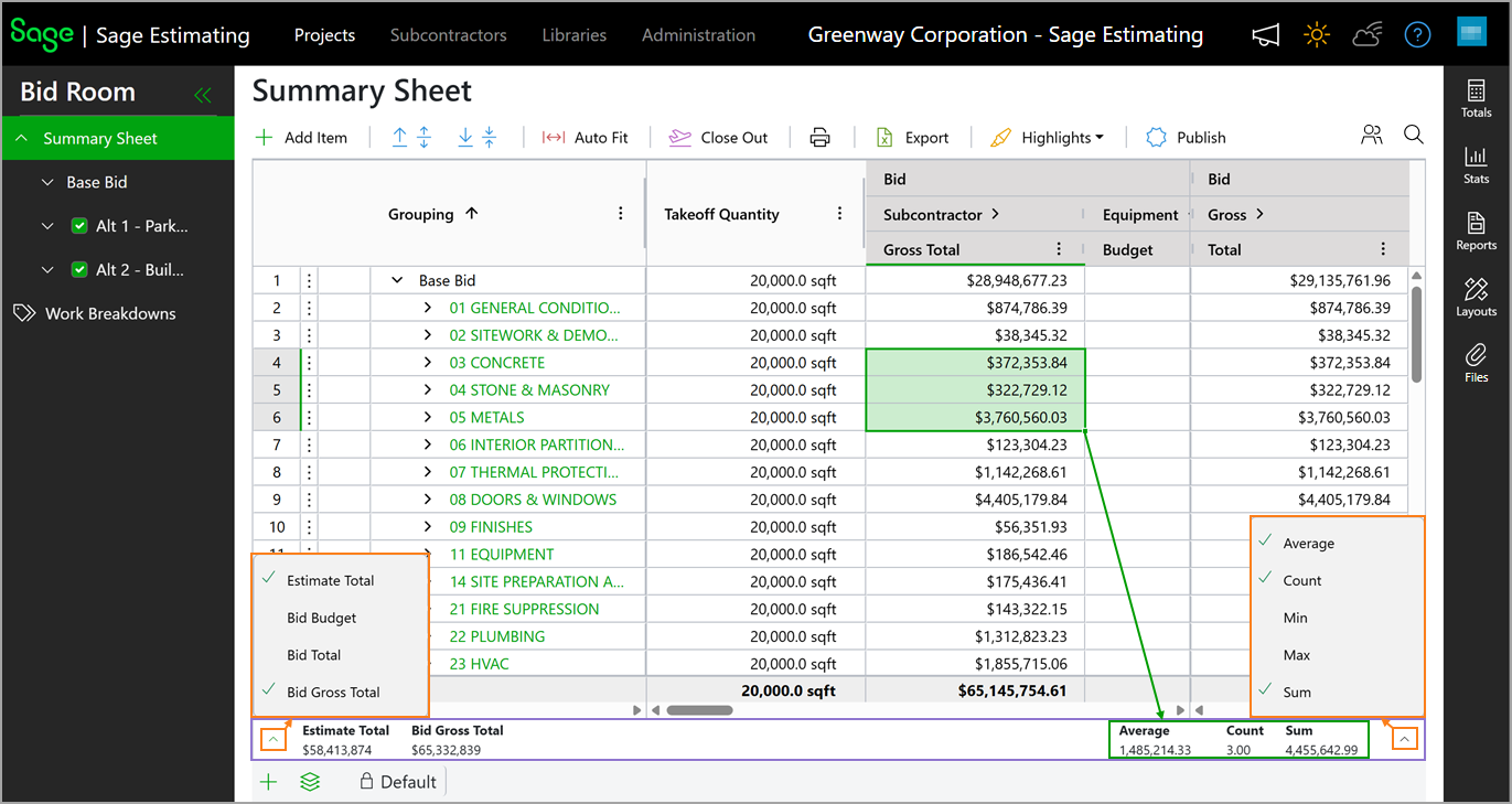 The stautus bar at the bottome of the Summary Sheet with the expanded context menus on the left and right sides of the status bar, displaying all available fields.