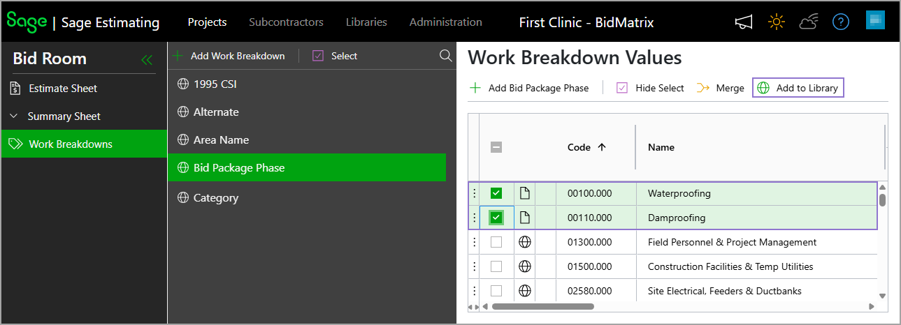 Select multiple project specific WBS values from the list and then select Add to Library to add them to the libraries.