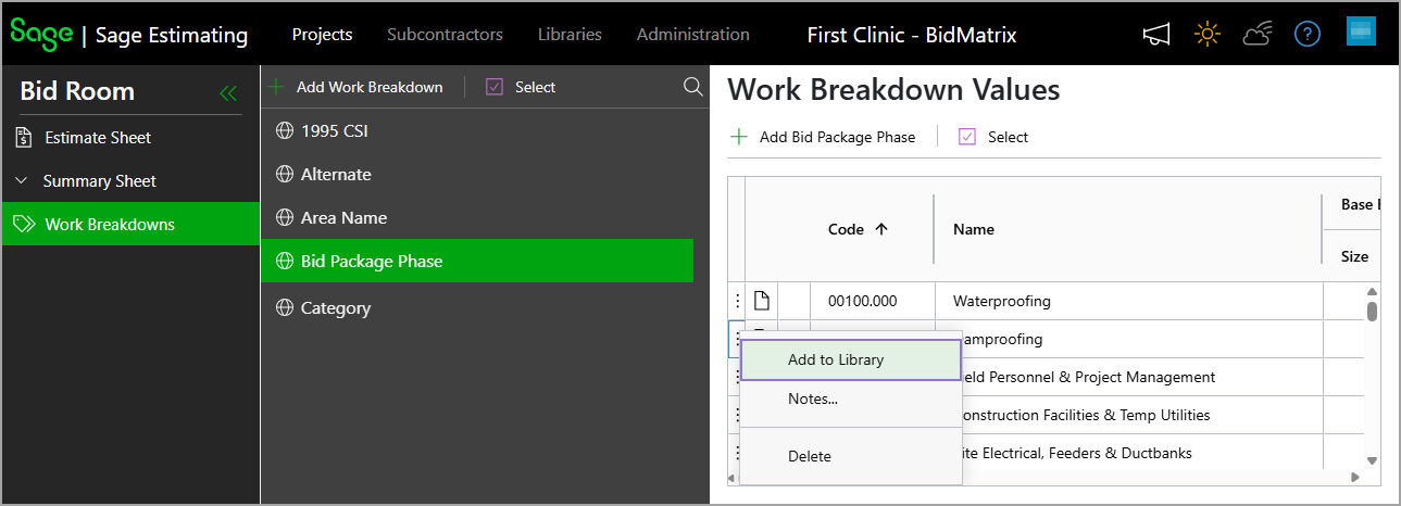 Select Add to Library option from the menu for a project specific WBS value.