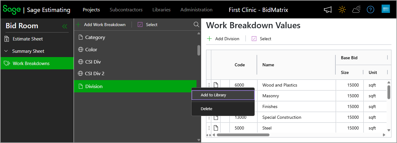 Select Add to Library option from the menu to add a project specific WBS to the libraries.