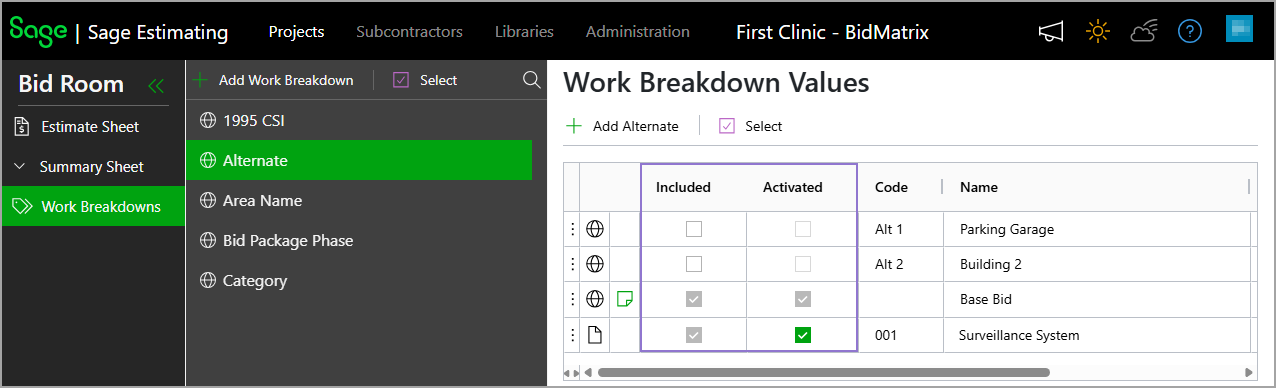 The Included and Activated columns in the Work Breakdown Values table indicate which Alternate values are included in the project and which ones are also activated.