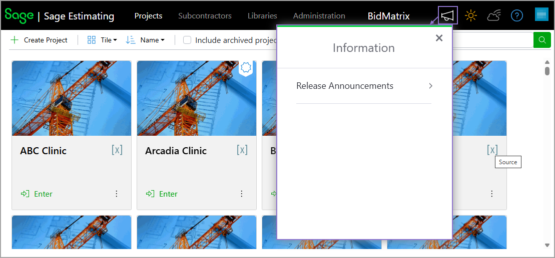 Select the megaphone icon in the menu bar to open the Information dialog, which displays the release announcements.