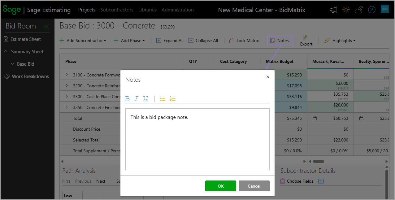 Selecting the Notes tab in the bid package matrix opens the Notes dialog, where you can add, view, or edit notes.