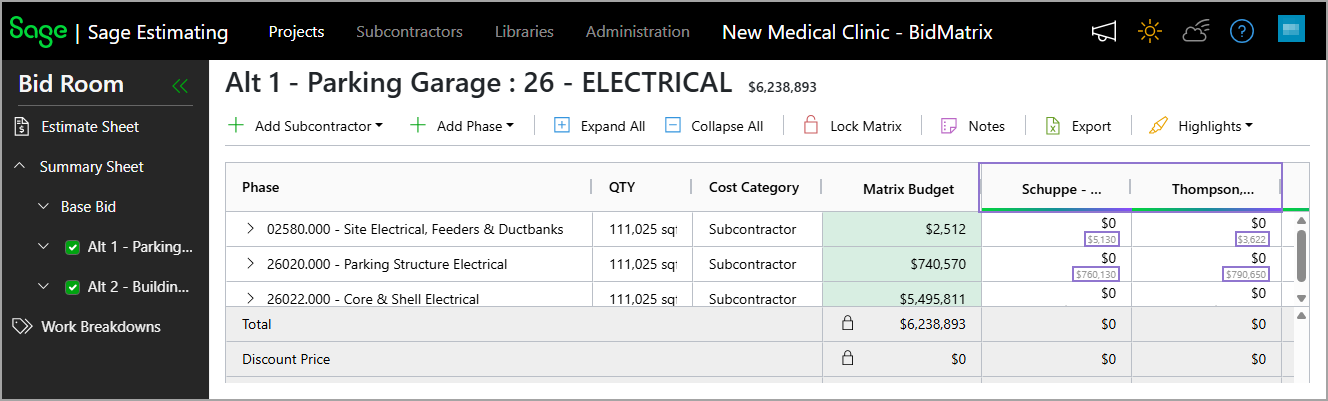 Suggested subcontractors appear underlined in the bid package matrix.