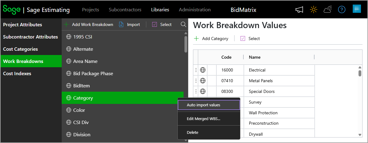 Select the Auto import values option from the menu for an existing WBS.