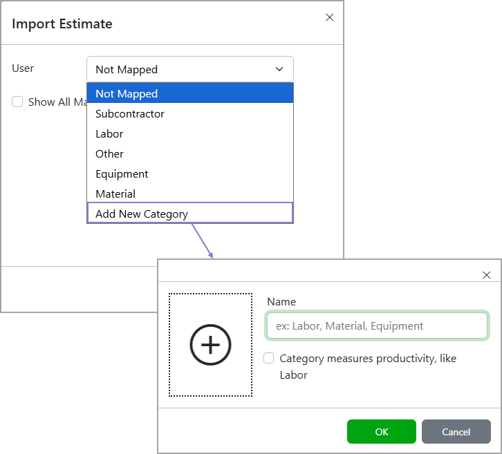 Select Add New Category from the dropdown and then enter the name and select the image of the new cost category.