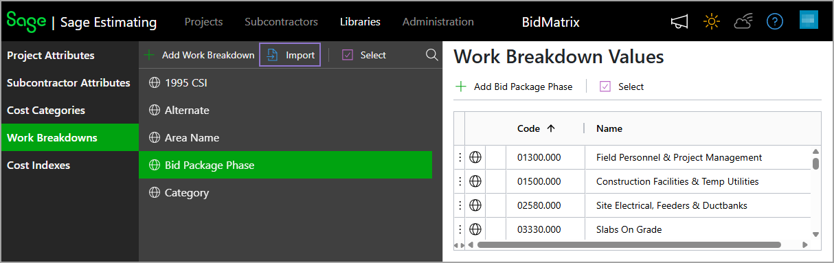 Select the Import option over the Work Breakdowns to import WBS to the library.
