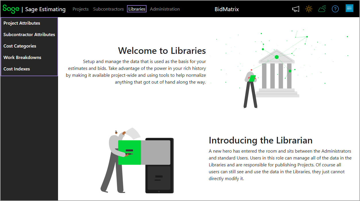 The Libraries menu includes the Project Attributes, Subcontractor Attributes, Cost categories, Work Breakdowns, and Cost Indexes modules.