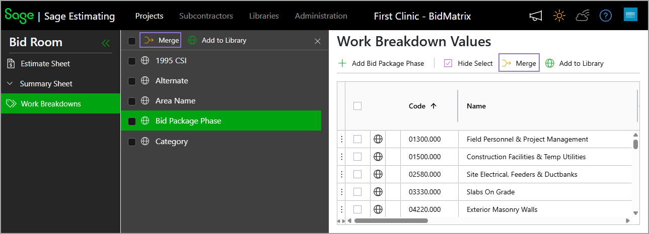 The Merge option is available over the WBS and in the Work Breakdown Values toolbar.
