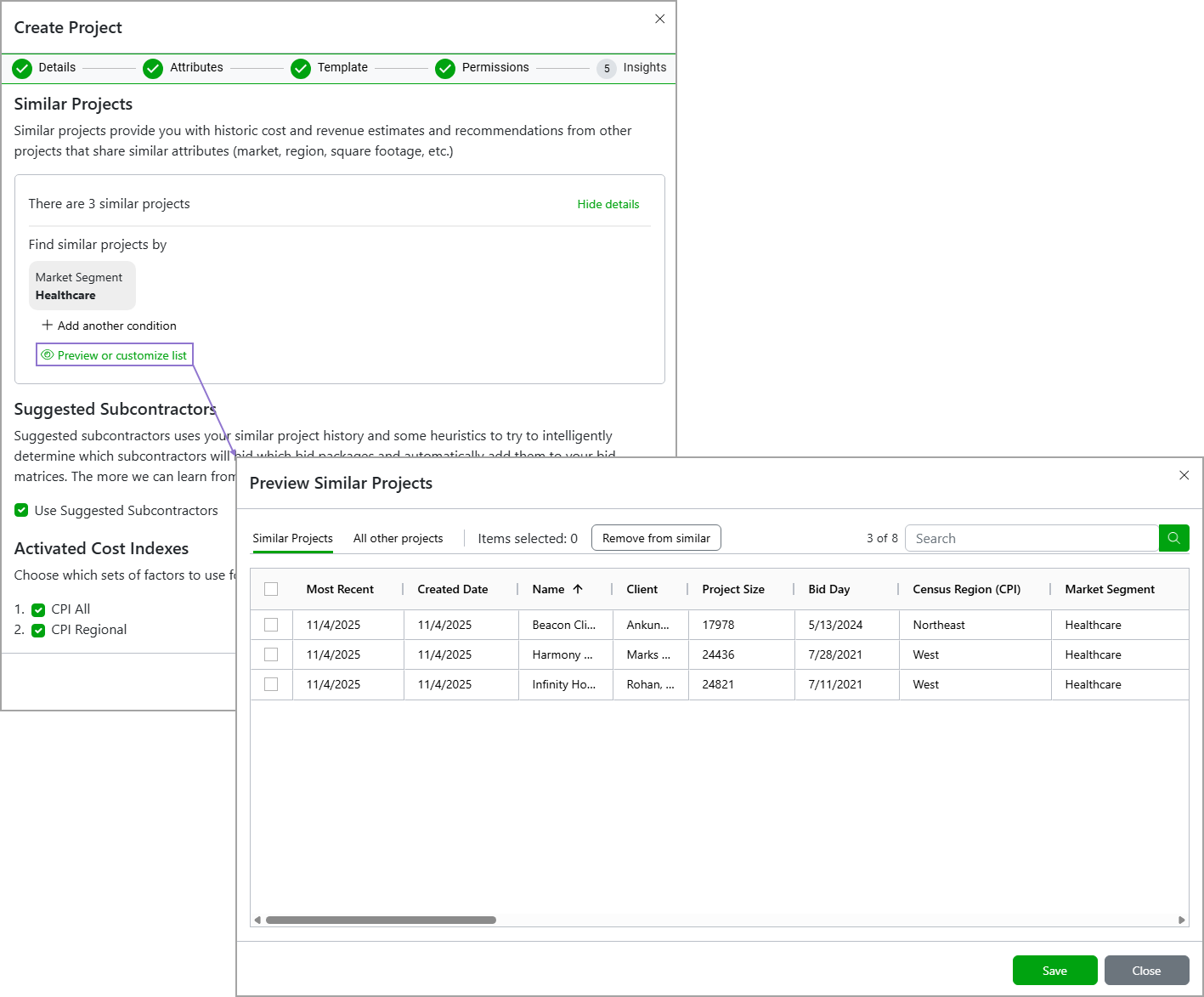 Selecting the Preview or customize list option opens the Preview Similar Projects dialog where you can review and refine the list of similar projects.