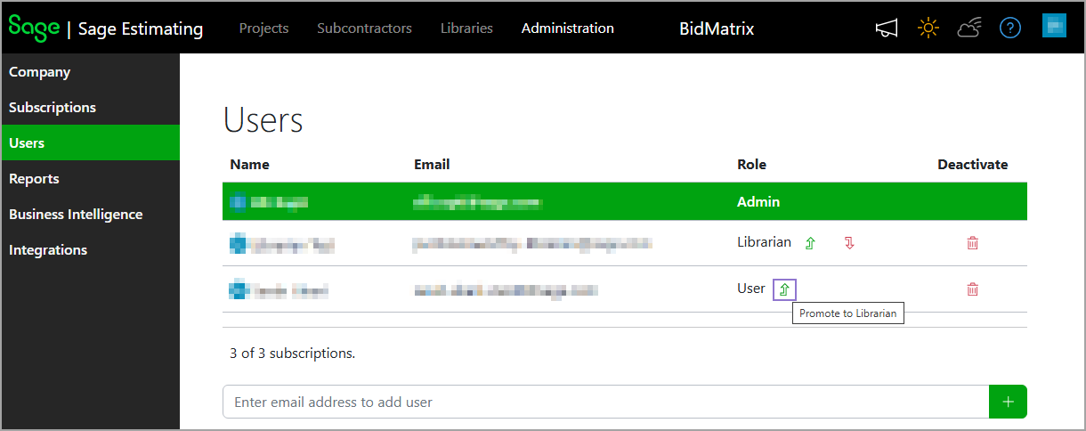 Select the up arrow next to a User to promote them to Librarian.