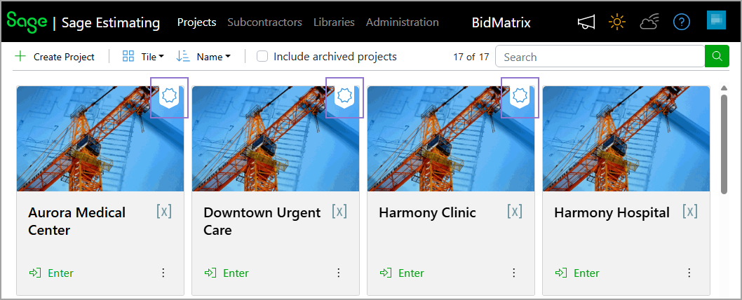 A bookmark icon in the top-right corner of a project tile indicates that the project is published.