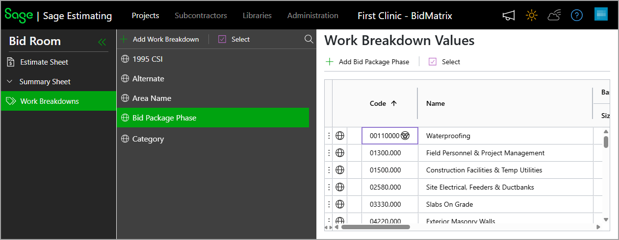 A disguise face icon appears in the code cell of a WBS value, indicating the code is an alias.