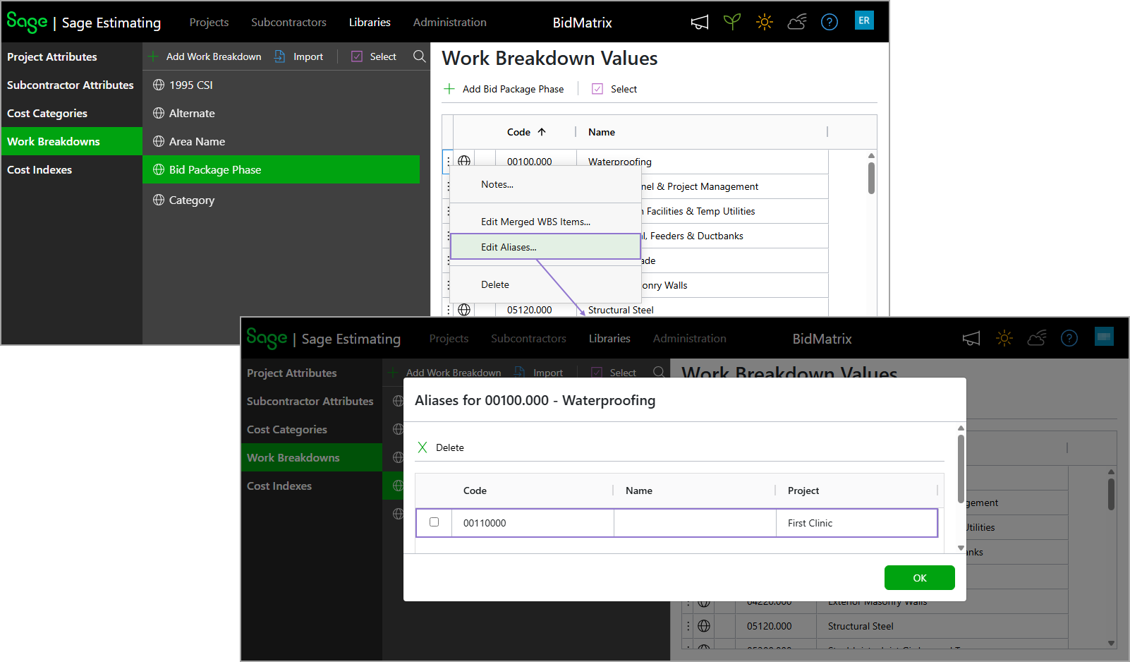 When you select the Edit Aliases for a WBS value, a dialog displays listing all aliases and the projects where each is used.