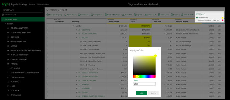 You choose a preferred color from a palette that opens when you select the Highlights button.