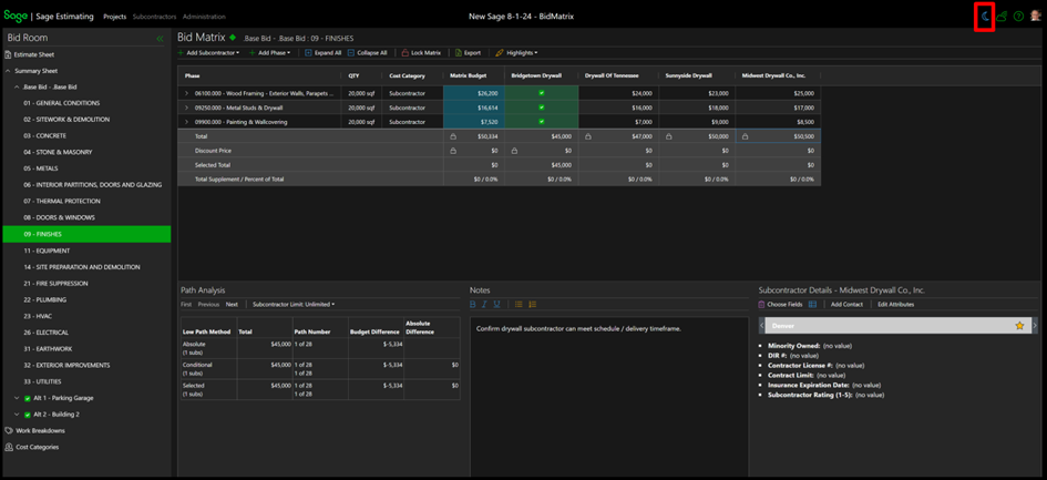 An example of BidMatrix in Dark Mode. The screen background is black and the text is white. There is a red box in the upper right corner, indicating where the new options are located.